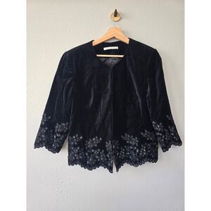 Peter Nygard Black Velvet Jacket Sz M Embroidered Floral Trim Vintage Chic Dark